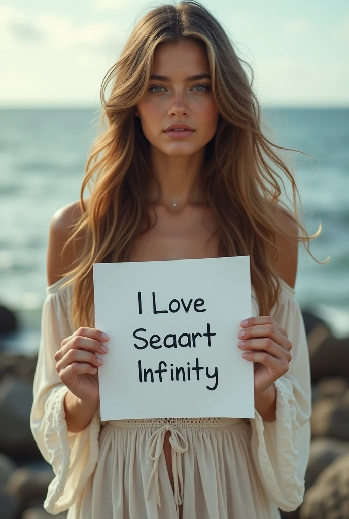Beautiful girl with wavy long hair, bohemian dress, holding a white board with text "I Love Seaart Infinity" and showing it to the viewer