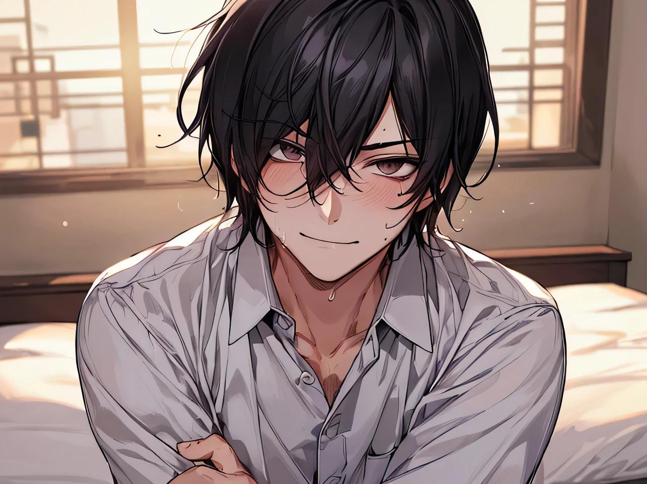 Working Adults.,male,good looking,Cool vibe,I,Black-haired,mash,dark mood(Masseter region,Viewer Perspective,Upper Body,Face close-up,push the viewer down,yandere,Sweat,Excited,smile,yandereな雰囲気,Stylish clothing,Night atmosphere,bed