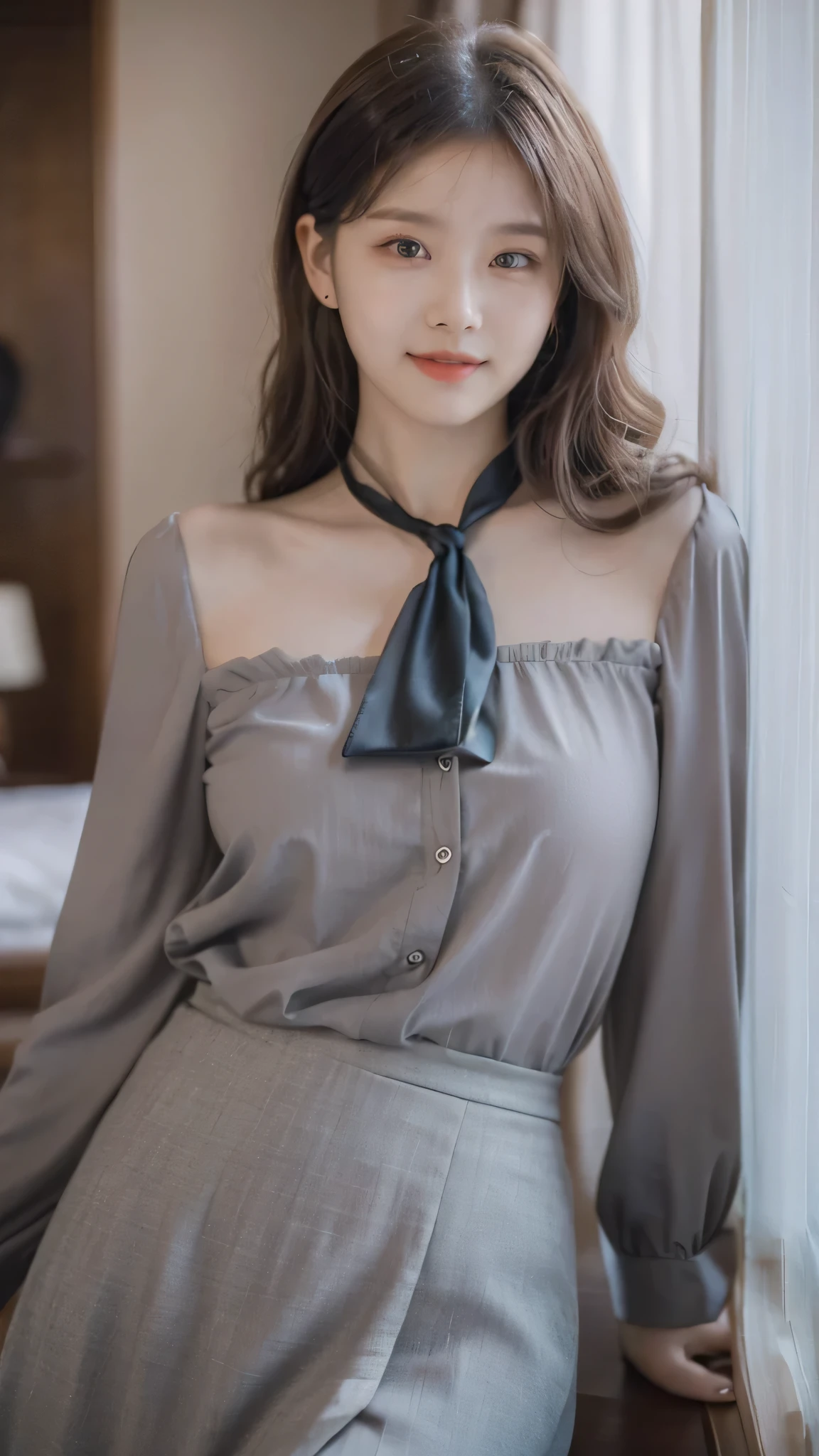On a table, Best quality at best, realistically, ultra - detailed, Detailed pubic hair, A high resolution, 8k wallpaper, 1 Beautiful woman,, light brown messy hair, dressed in a suit, lock focus, Perfect dynamic composition, beautidful eyes, Delicate hair, Delicate skin texture, Smiling, closeup portrait, Model body type