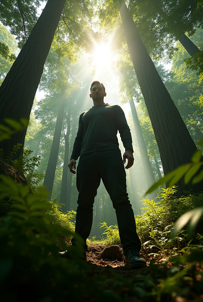 Low angle photo of tall man in the forest with sunlight covering his face