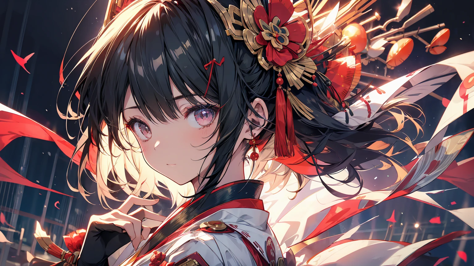 A girl is dancing in the Kaguraden. She is wearing a miko costume and holds a kagura bell in her hand. She has long black hair and a veil over her face. A black cat is watching over her.