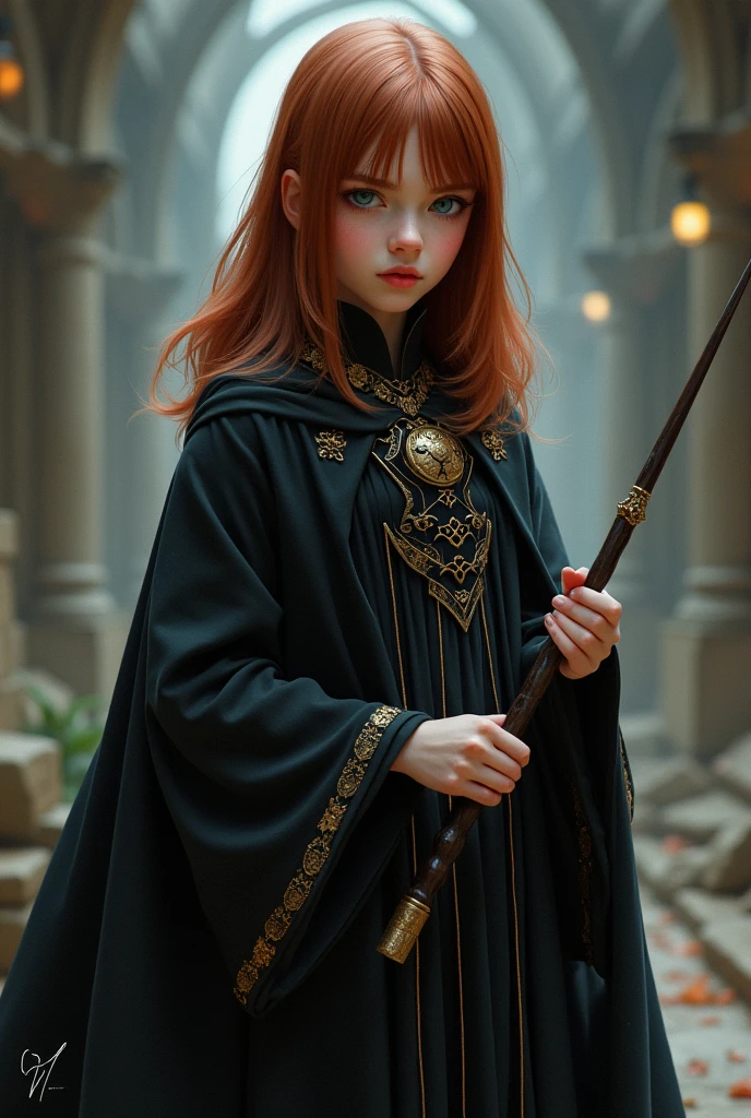 A 15 year old with straight brown hair that is half red, clear blue eyes, white and human skin, with black clothes with gold details, with a wand in his hand, DeD painting style