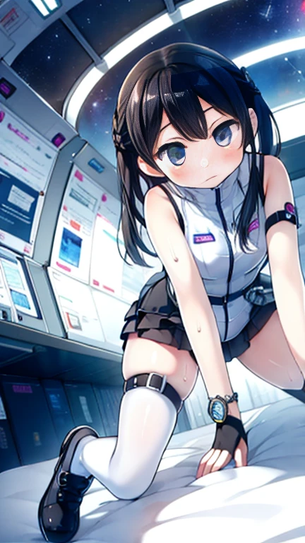 (Highest quality), (masterpiece), 1080P, High resolution, 4K, 8k, Inside the space station、Futuristic room、Thigh straps, Shooting from directly below, The woman on top of me, 白いSweat, Covered , Sweat, Woman looking down, Skirt swimsuit, Thigh-high socks, To achieve this, 16 years old, , whole body, Black leather shoes, Braided hair, Inner Color, Embarrassed face, Short black hair, bracelet, Bedroom,celestial body_Vest

