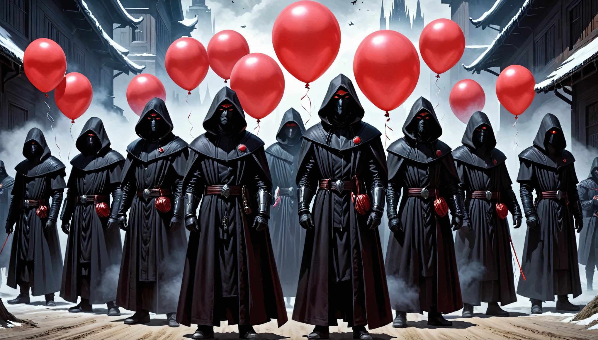 concept art a group of people in black hoods and red balloons, dan mumford tom bagshaw, black robes, symmetrical epic fantasy art, ww 1 sith sorcerer, adi granov, dark robes, cultists watching, orthodox cyberpunk, steel inquisitor from mistborn, by Kristian KrekoviÄ, wearing black sith robes, imperial march, jin - roh . digital artwork, illustrative, painterly, matte painting, highly detailed