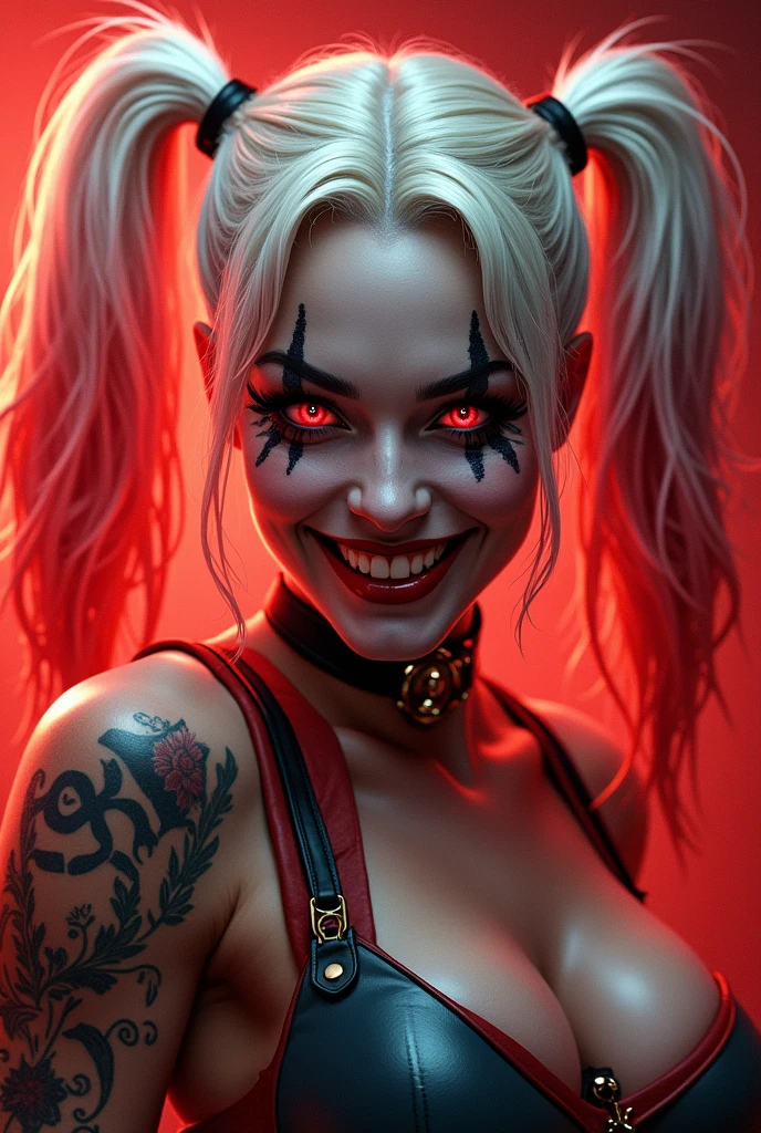 harley quinn. White and pink hair. tattooed. Grinning. smudged makeup. background red. Eyes red. fire behind 