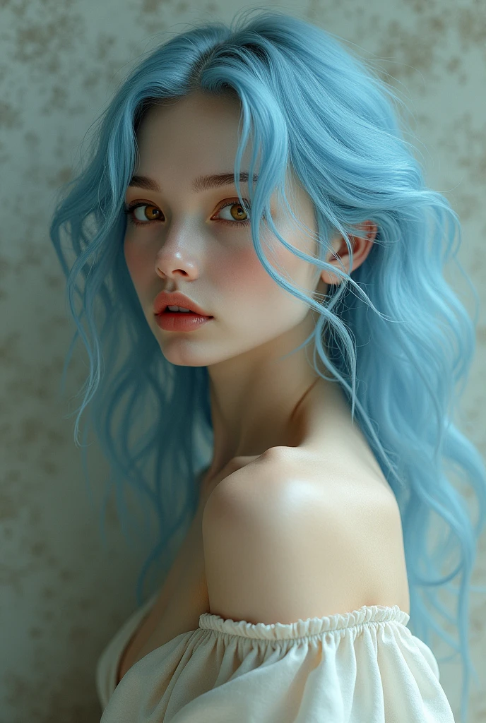 girl with no clothes, light blue hair, golden eyes,