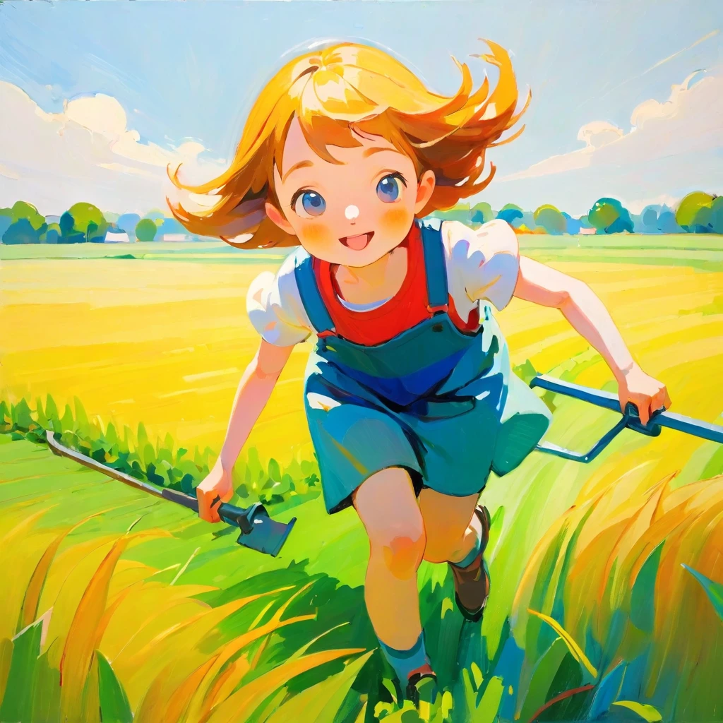 Girl plowing the field, Amy Earls, abstract expressionism, looks fun, gesture, Whimsical、Deformation、