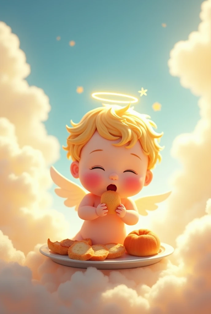 Draw a picture of a cute little angel eating, animated cartoon