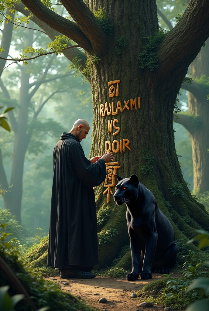 A black dressed monk carving a live tree , he carved Name of RAJLAXMI MY DOOR,in deep depth And black panther is sitting beside him with red eyed , location is beautiful forest, image is fully realistic