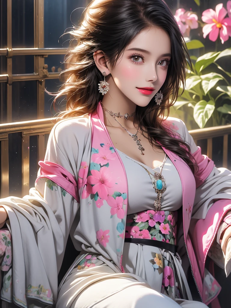 Create digital artwork in pop art style, Featuring vibrant and confident young german girls,Street fashion,, Surrounded by vintage floral motifs,in a coffee shop, Vivid brush strokes,Emotions must be dynamic, grayscales, Tropical, Many donuts