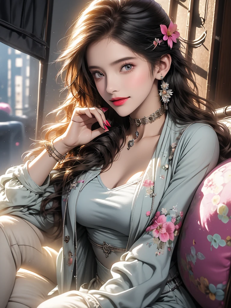 Create digital artwork in pop art style, Featuring vibrant and confident young german girls,Street fashion,, Surrounded by vintage floral motifs,in a coffee shop, Vivid brush strokes,Emotions must be dynamic, grayscales, Tropical, Many donuts
