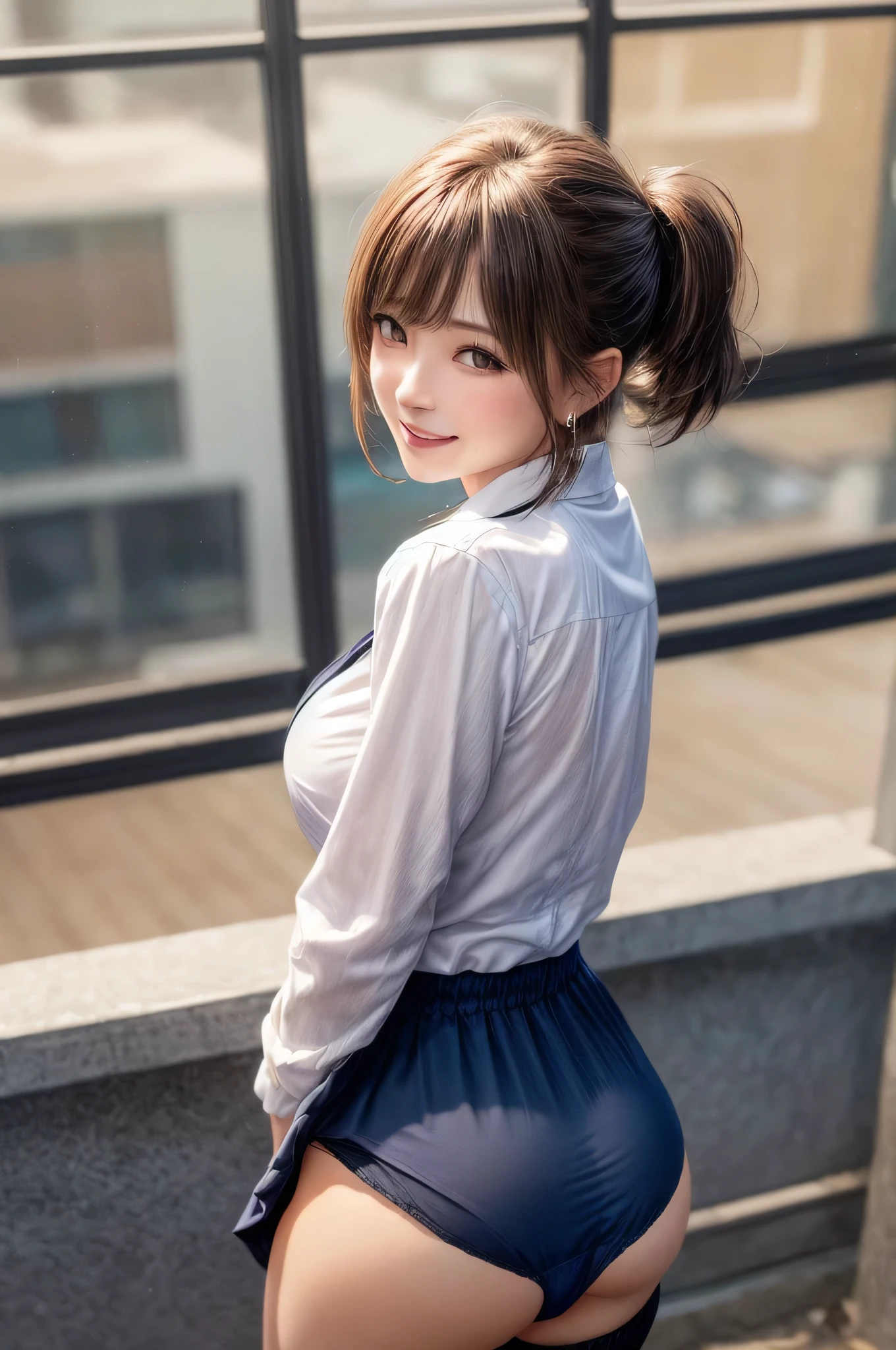 Kujikawa Def,Twin tails,school uniform,Seraph of the Black,Long sleeve,skirt,Knee socks,jewelry,Earrings,Straddle,
Highest quality, Very detailed, masterpiece, Absurd,8k, photoRealistic, Realistic,Detailed skin texture,Detailed pupil,High resolution,Natural light,
One girl,alone,(Happy:1.1),(smile:1.2),short hair,Brown Hair,(Angular face:1.2),Shining Face,Large Breasts, Tight waist, Lip Makeup,Wet shirt,Spread your legs,(I can see her panties:1.5)back,From the back,look back,valley,Bra is visible,(Orgasm:1.5)