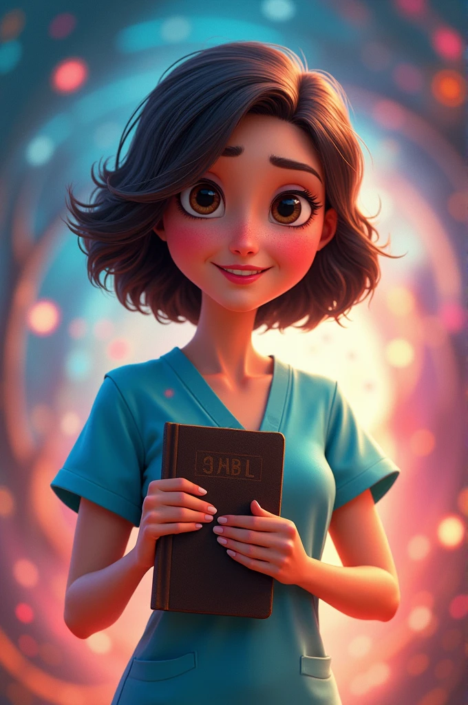 Disney Pixar inspired movie poster with title "super mom". It has to be a woman with dark brown, slightly wavy hair, white skin color, in hospital clothes and with a bible in hand. The scene must follow an artistic style similar to Pixar, focusing on the characters' expressions, swirly vibrant colors, detailed textures and features of your animations.