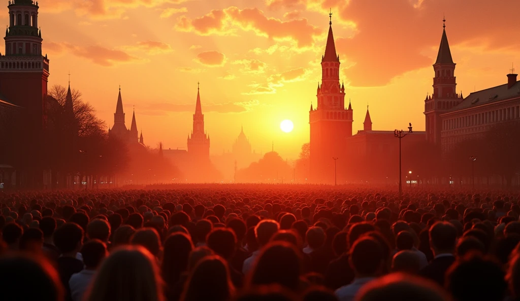 24K movie quality,cinematic compositions,finetextures,the sunset,red square moscow,In 1990,Red Army Choir,mass of people