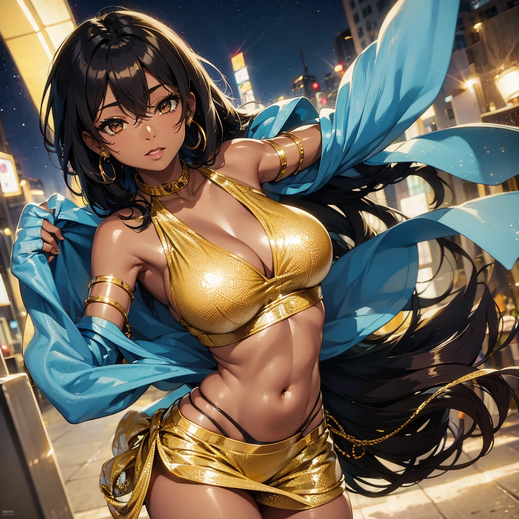 Beautiful young African American woman dancing In the pale moonlight. Wearing a roce-gold bikini. Long black hair, brown eyes, perfect breasts, brown skin