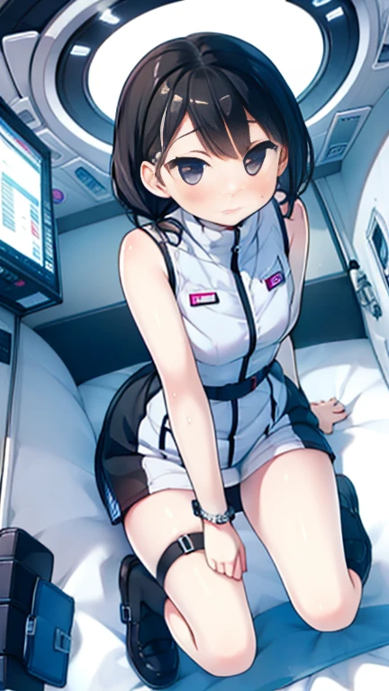 (Highest quality), (masterpiece), 1080P, High resolution, 4K, 8k, Inside the space station、Futuristic room、Thigh straps, Shooting from directly below, The woman on top of me, 白いSweat, Covered , Sweat, Woman looking down, Skirt swimsuit, Thigh-high socks, To achieve this, 16 years old, , whole body, Black leather shoes, Braided hair, Inner Color, Embarrassed face, Short black hair, bracelet, Bedroom,celestial body_Vest
