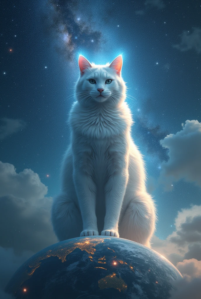 imagine um gato colossal, with a majestic posture and a serene expression, occupying the space above the Earth. The planet would be small compared to the size of the cat, that would have a divine aura, perhaps with a soft glow around, reflecting their status of "GOD". The background could be a dizzying cosmos, with visible stars and galaxies, to provide a dramatic contrast and emphasize the feline's immensity