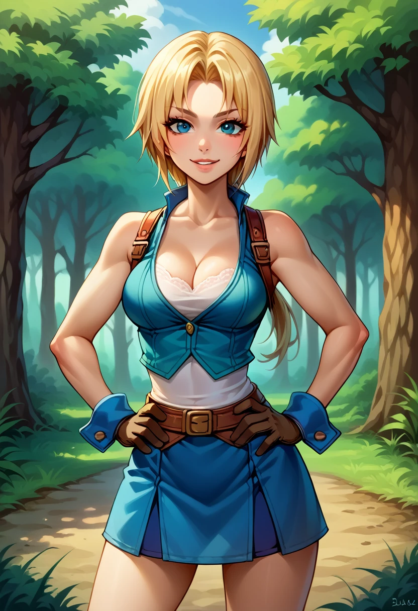 score_9, score_8_up, score_7_up, (female:1.5), 1girl solo, female focus, female body, skinny, zidane, blonde hair, medium hair, blue eyes, monkey tail, low ponytail, parted bangs, gloves, blue skirt, standing,cleavage, seductived lips, hands on waist, smiling, looking at you, deep forest,