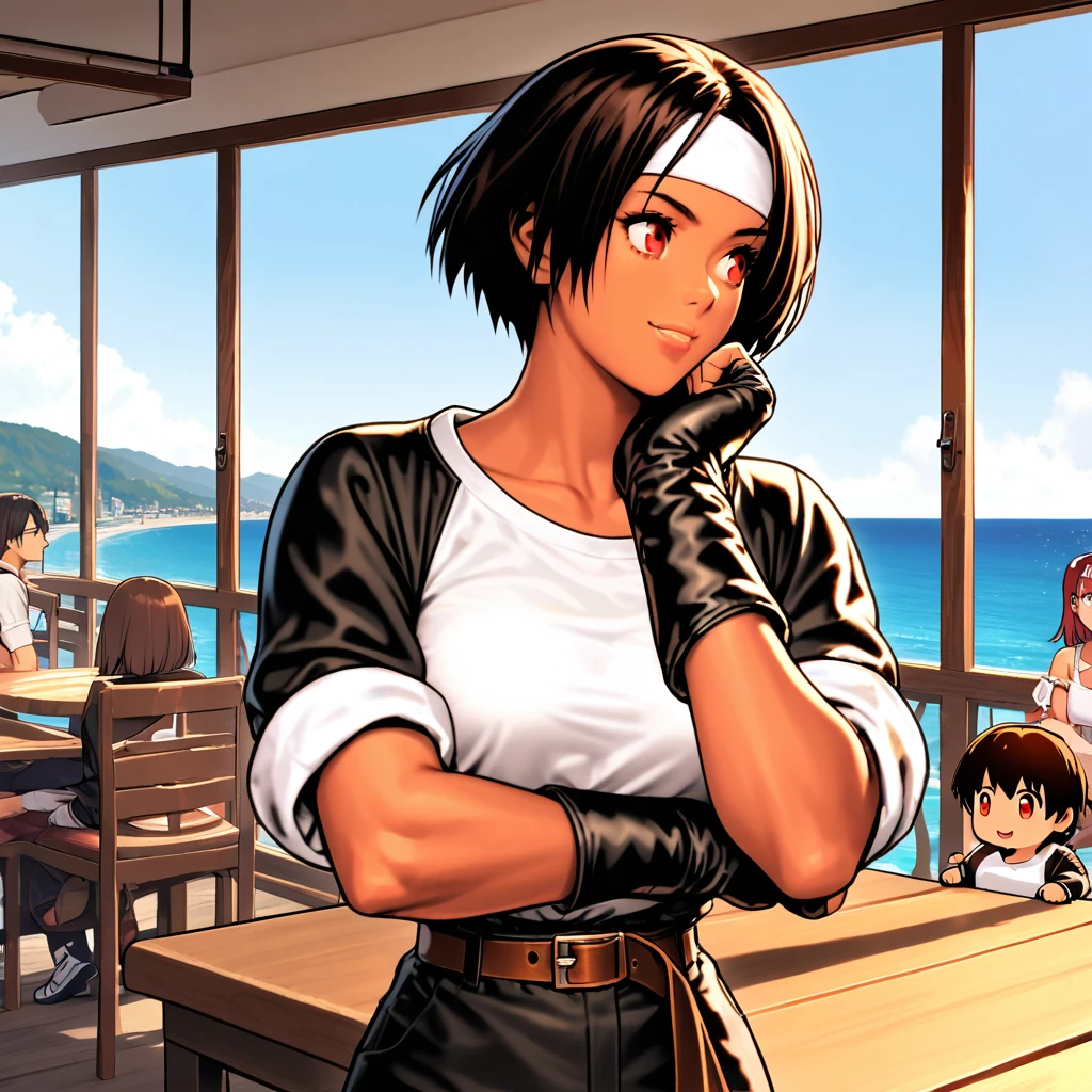 One person,woman,short hair,Dark Skin,Red eyes,（Black jacket with rolled up sleeves）,Fingerless gloves,White T-shirt, （White headband on forehead）,Black pants,White shoes,Brown belt,cute,Indoor person,Charm Points,Ocean View,Slightly large breasts,Outdoor,High quality,Handsome,Confident and surprised face,Dining with friends on the terrace,Lively atmosphere,Hands on the chin