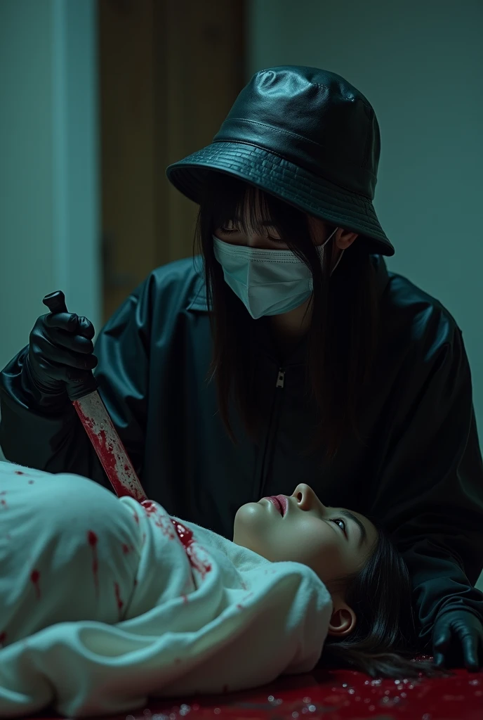 korean girl, (behind corpse, surgical mask), holding knife, stabbing, black gloves, room full of blood, black raincoat, bucket hat, holding knife, black gloves, behind corpse, blood splatter, long bangs, in the hotel, black wet suit, night, mass murderer, killer, robbery, dark atmosphere, cinematic lighting, atmospheric realistic, close-up,