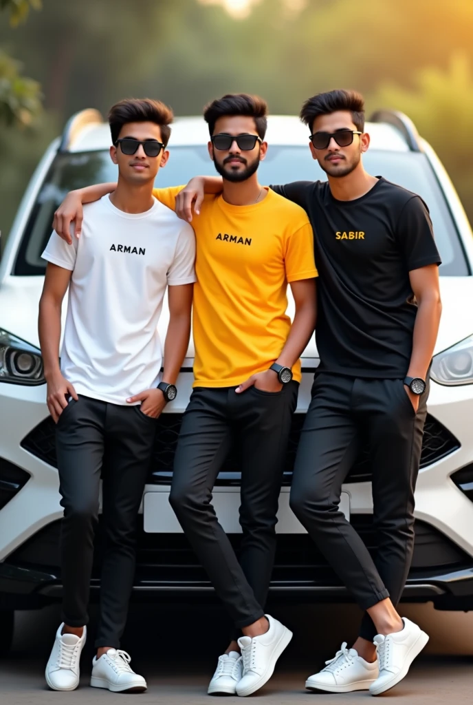 Three real indian 18 year old Indian boys friends are standing leaning against a white super luxury car, and all three are wearing different white, yellow ,black shirts and black pants, white shoes, and all three have different names on their t-shirts.It is written” Arman,Sabir,” and the middle boys hand is on the Shoulders of both of them and all three have a watch, sunglasses, beautiful blur background view. make sure name should be correct