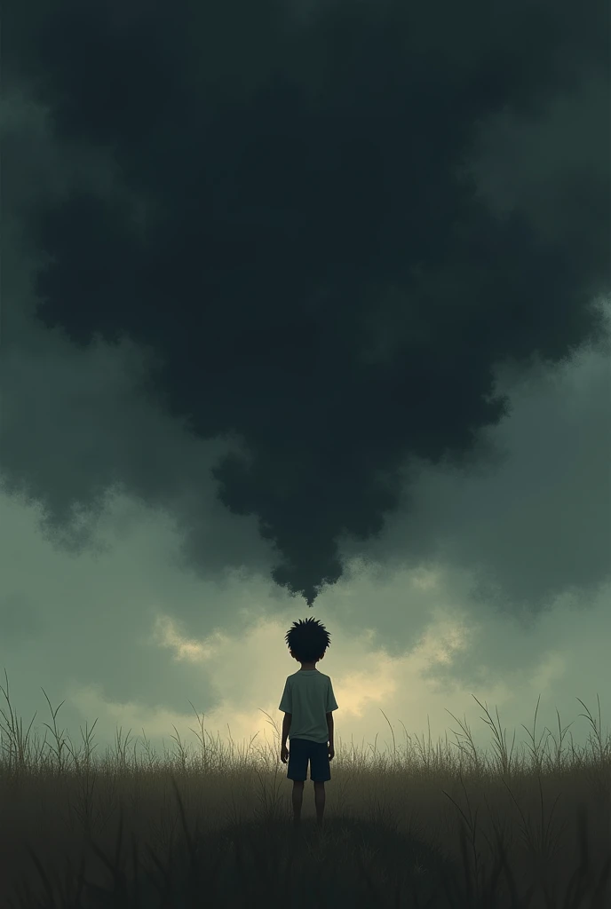 Alone boy watching at black clouds sky
