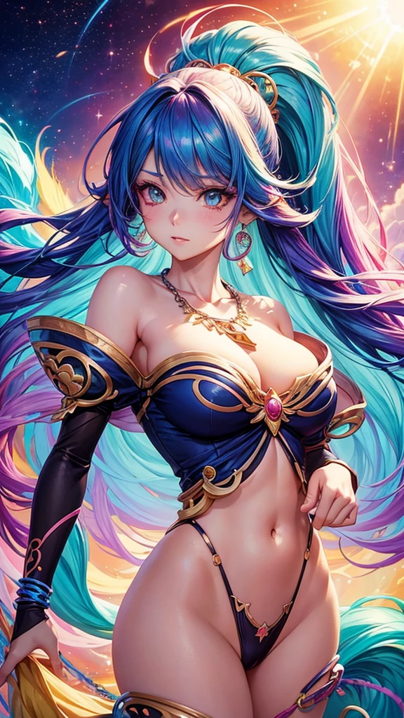 a close up of a woman with colorful hair and a necklace, anime girl with cosmic hair, rossdraws pastel vibrant, artwork in the style of guweiz, fantasy art style, colorful]”, vibrant fantasy style, rossdraws cartoon vibrant, cosmic and colorful, guweiz, colorfull digital fantasy art, stunning art style, beautiful anime style