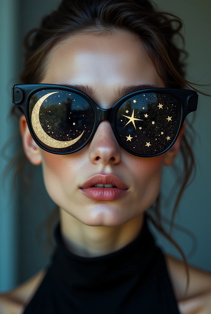 The model is wearing glass sunglasses with stars and the moon on the glass
