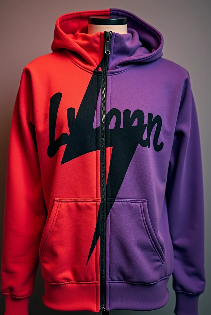 zipper sweatshirt, left side red and right side purple,details in black like written lightning "Luann" in the center in a graffiti style in black