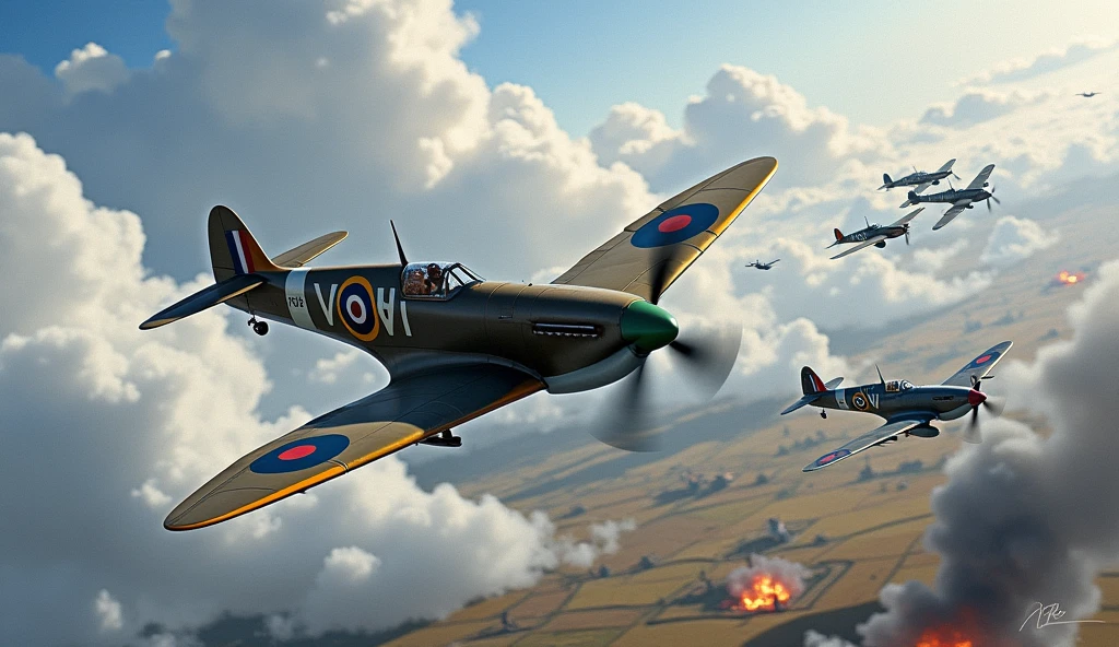 Create an ilustration in landscape position
 with dimensions of 210mm x 90mm depicting an aerial battle during World War II. In the center of the scene, show a British Spitfire fighter plane, with its distinctive markings and camouflage, performing an agile and bold maneuver while engaging several German Bf-109 fighter planes. The Bf-109s should be in attacking positions, with their typical Luftwaffe colors and markings.

The sky should be dramatic, with clouds of smoke and tracer fire to indicate the intensity of the aerial combat. Include details like explosions and debris in the background to emphasize the ferocity of the battle. The setting can be a European landscape, such as a cloudy sky or a mountainous region in the distance. Make sure to capture the sense of speed and tension, with the planes in dynamic positions and the atmosphere charged with action and urgency.