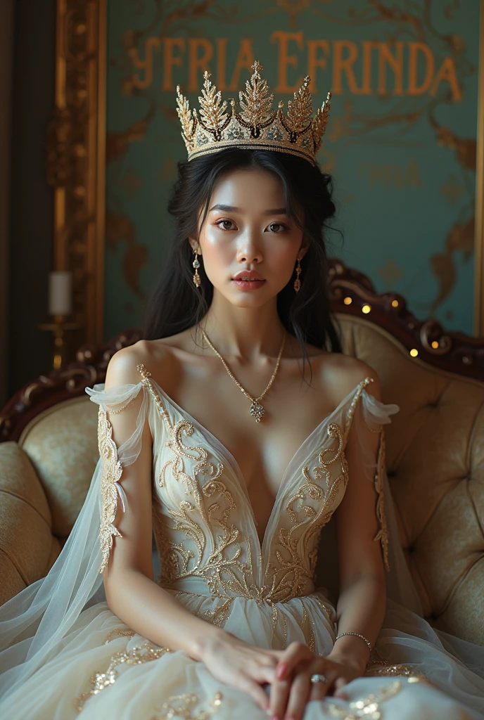 RAW, photograph,((best quality)), ((masterpiece)), ((realistic)), Malaysian woman, 28 year old, chubby, (black hair), red eyes, topless, wearing white intricate dress with feathers, crown in hair, standing in castle, on throne, being a queen, horny face, sad, innocent, (freckles:0.6), intricate details, highly detailed, sharp focus, professional, 4k, stunning red eyes, delicate, innocent, highres, detailed facial features, high detail, sharp focus, smooth, aesthetic, extremely detailed, photo_\(ultra\), photorealistic, realistic, post-processing, max detail, roughness, real life, ultra realistic, photorealism, photography, 8k uhd, photography, SEMI-SILHOUETTE light, european face, instagram, viral instragram photo,(( breast:1.5)), ((dark nipple)), full body, firm breast, naughty