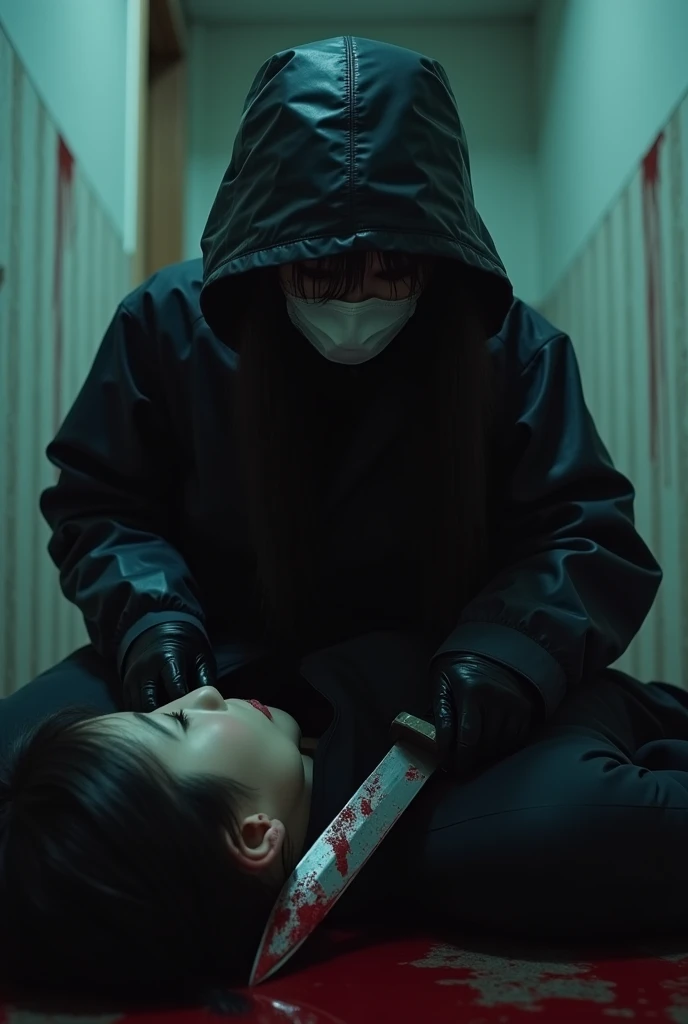 korean girl, (behind corpse, surgical mask), holding knife, stabbing, black gloves, room full of blood, black raincoat, bucket hat, holding knife, black gloves, behind corpse, blood splatter, long bangs, in the hotel, black wet suit, night, mass murderer, killer, robbery, dark atmosphere, cinematic lighting, atmospheric realistic, close-up,