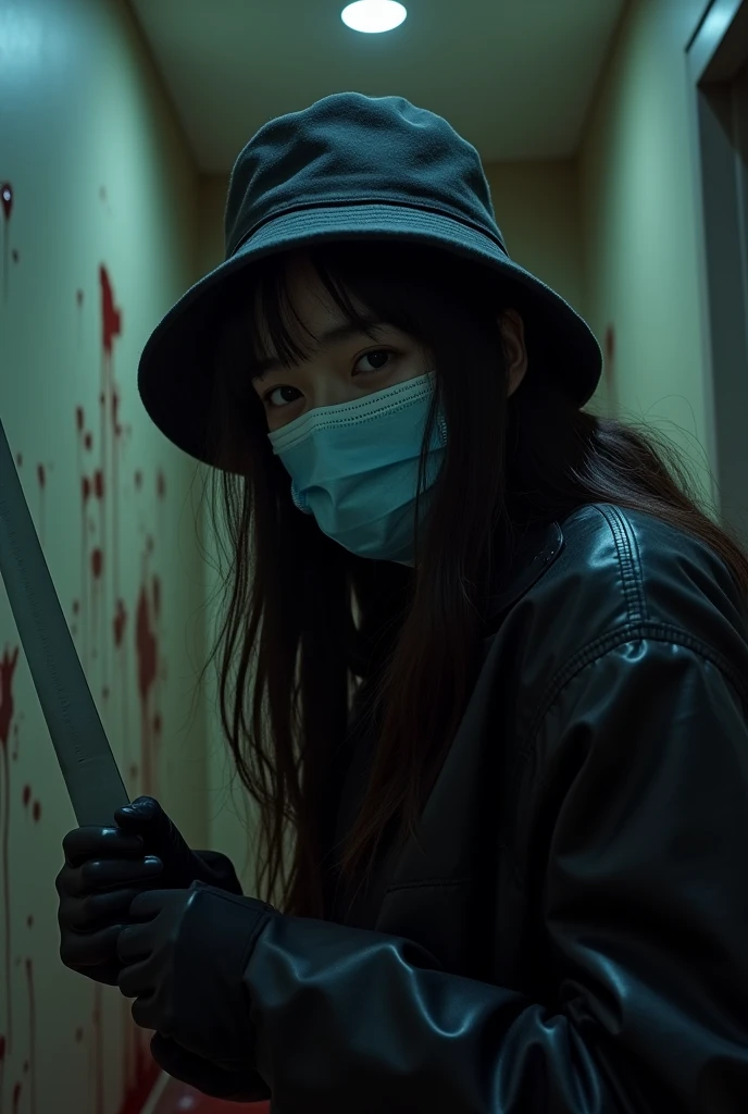 korean girl, (behind corpse, surgical mask), holding knife, stabbing, black gloves, room full of blood, black raincoat, bucket hat, holding knife, black gloves, behind corpse, blood splatter, long bangs, in the hotel, black wet suit, night, mass murderer, killer, robbery, dark atmosphere, cinematic lighting, atmospheric realistic, close-up,