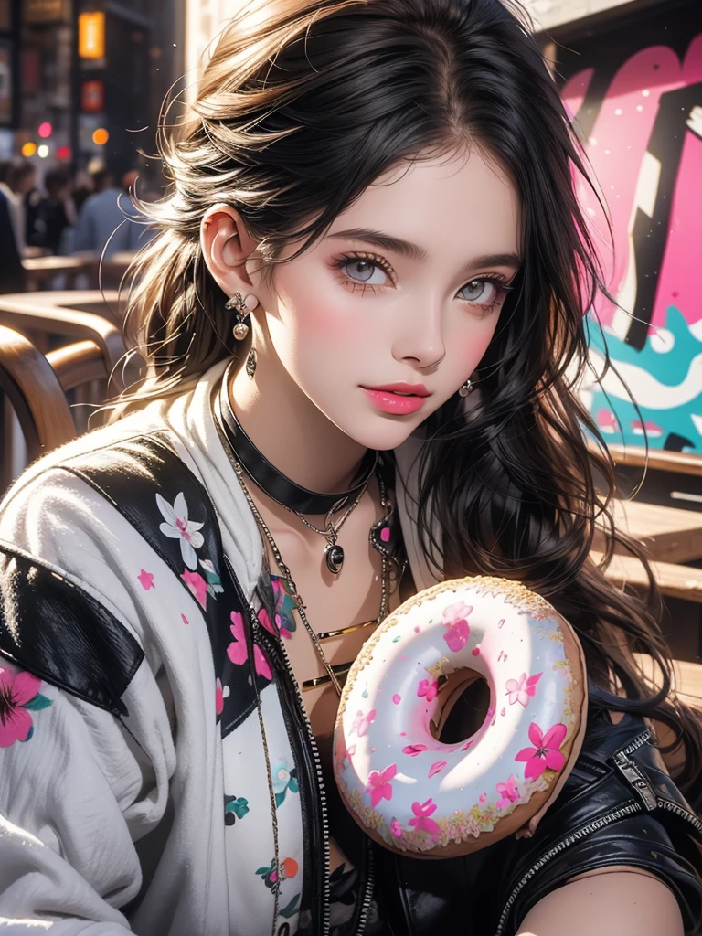 Create digital artwork in pop art style, Featuring vibrant and confident young german girls，Street fashion,, Surrounded by vintage floral motifs,in a coffee shop, Vivid brush strokes,Emotions must be dynamic, grayscales, Tropical, Many donuts 