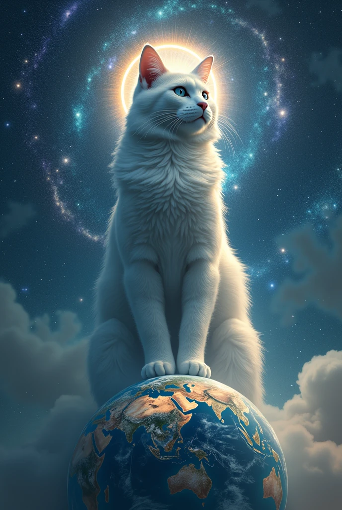 imagine um gato colossal, with a majestic posture and a serene expression, occupying the space above the Earth. The planet would be small compared to the size of the cat, who would have a divine aura along with a halo on his head, perhaps with a soft glow around, reflecting their status of "GOD". The background could be a dizzying cosmos, with visible stars and galaxies, to provide a dramatic contrast and emphasize the feline&#39;s immensity