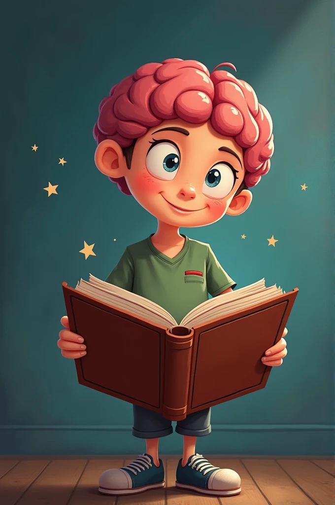 create an animated book image holding the brain with cartoon details