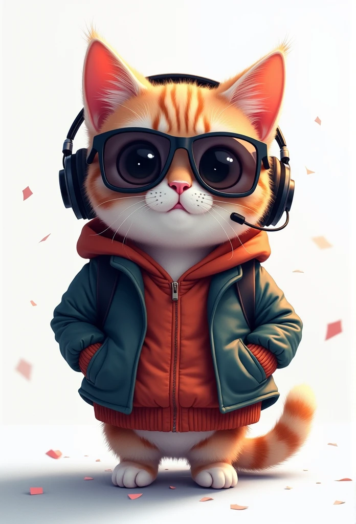 Perfect centering, cute cat everywhere, Wear a student jacket, Wear sunglasses, Wearing headphones, Standing position, abstract beauty, I was focused, Looking at the camera, Facing the camera, close to perfection, Moving, moon light, Very detailed, Digital board, Technical Stations, Concept art, Smooth, Intense focus, 8 k, High definition resolution, clarification, Art by Carney Griffith and Woody Cashin, White background