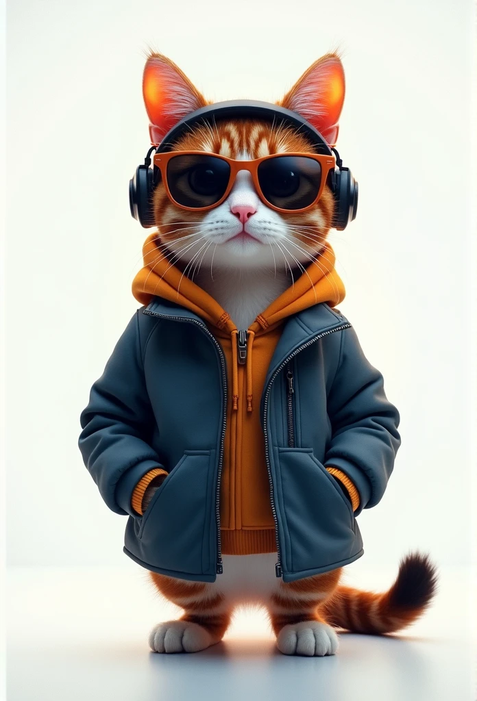 Perfect centering, cute cat everywhere, Wear a student jacket, Wear sunglasses, Wearing headphones, Standing position, abstract beauty, I was focused, Looking at the camera, Facing the camera, close to perfection, Moving, moon light, Very detailed, Digital board, Technical Stations, Concept art, Smooth, Intense focus, 8 k, High definition resolution, clarification, Art by Carney Griffith and Woody Cashin, White background