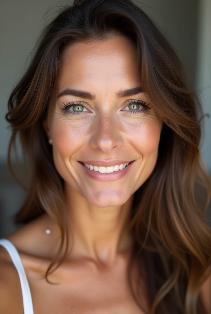 Beautiful brunette, green eyes, woman 40 years old with natural makeup selfie natural