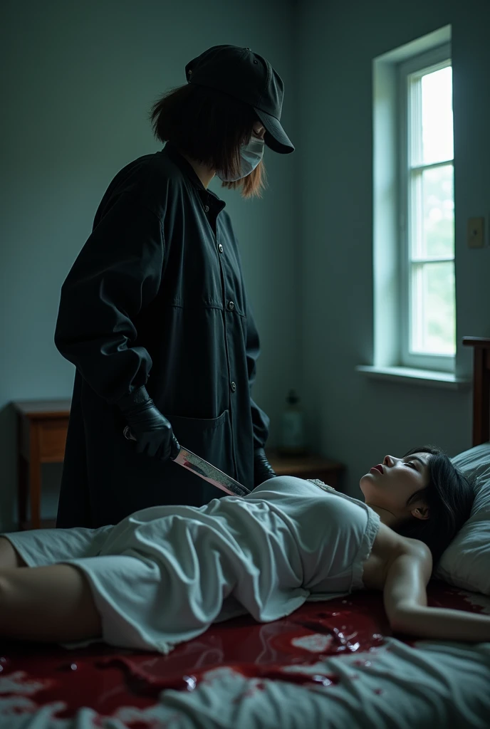korean girl, (behind corpse, holding knife), surgical mask, black gloves, room full of blood, black raincoat, trucker hat, holding knife, black gloves, woman on top, behind corpse, blood splatter, on the bed, mass murderer, killer, short hair, blood splatter, dark atmosphere, cinematic lighting, atmospheric realistic, light from the window
