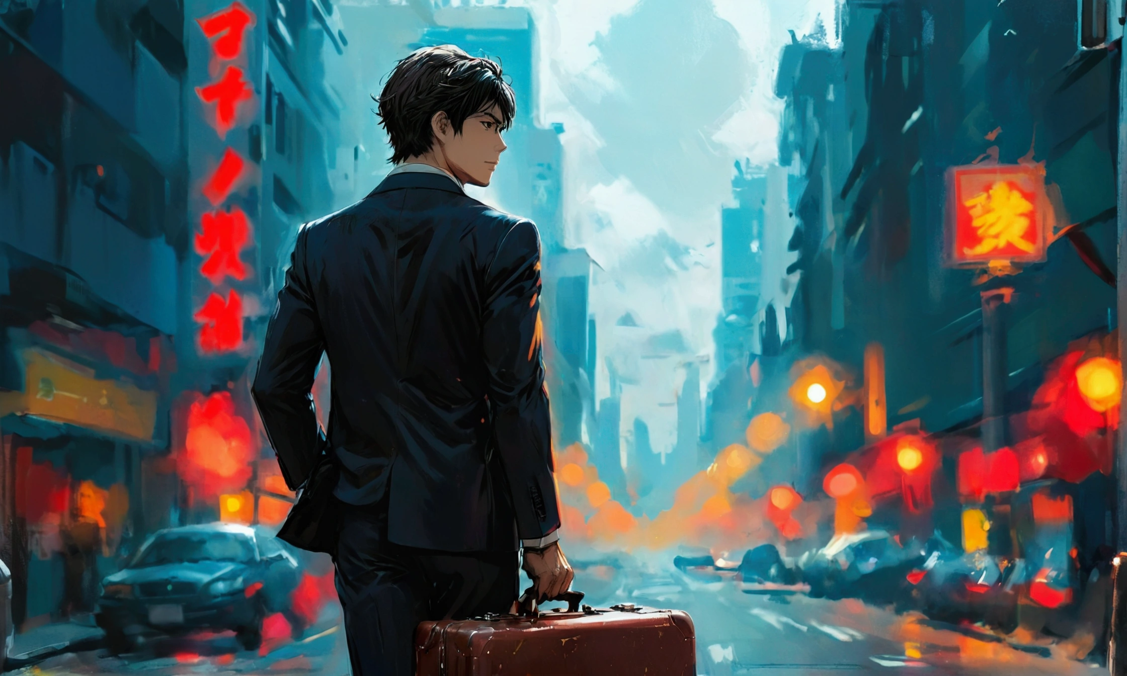A MAN IN A SUIT HOLDING A SUITCASE,manga style art,manga style art,manga style art,manga style art