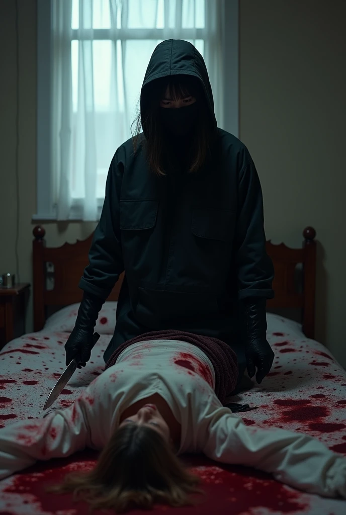 korean girl, (behind corpse, holding knife), balaclava, black gloves, room full of blood, black raincoat, hood up, holding knife, black gloves, woman on top, behind corpse, blood splatter, on the bed, mass murderer, killer, long bangs, blood splatter, dark atmosphere, cinematic lighting, atmospheric realistic, light from the window
