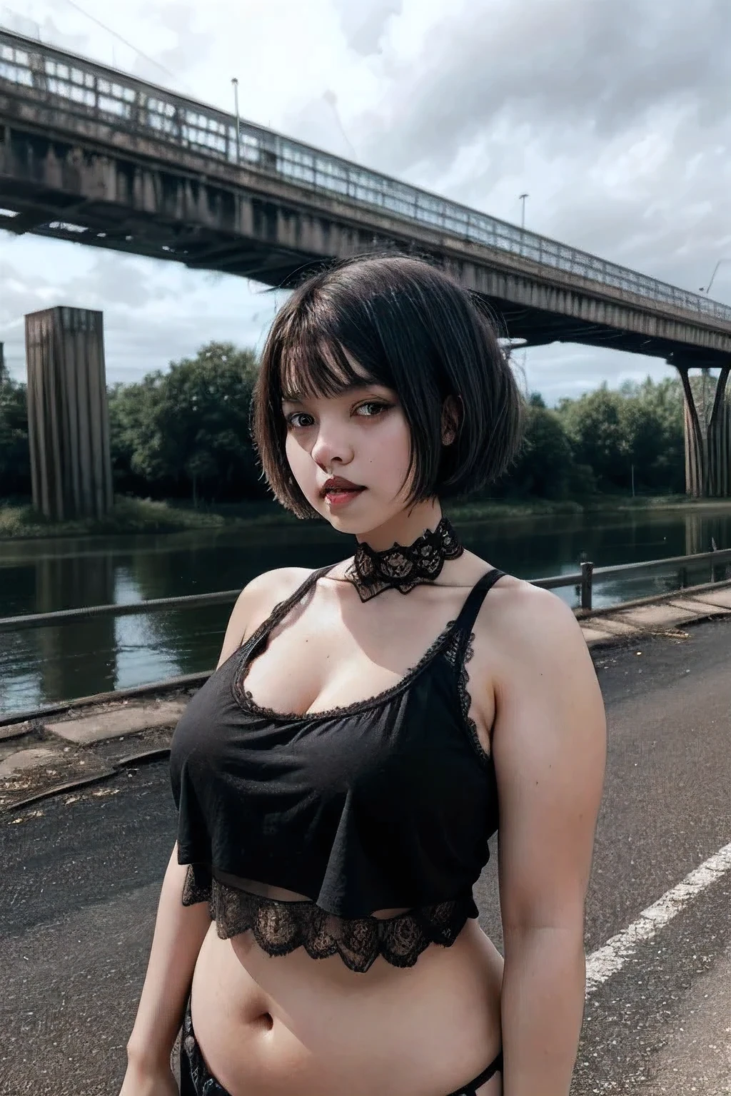 (((VERY SHORT HAIRCUT))), A girl with a very fat bbw body naked in the middle of a dilapidated bridge, ((NECK LACE)), ((GOTH GIRL BLACK LIPS)). ((Croptank))