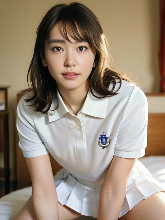 (Masterpiece, Best quality: 1.2), (Ultra realistic, Photo-realistic: 1.2), Slender body, From above, (Seductive pose: 1.3), Bedroom eyes, (Beautiful thighs: 1.1), Spread legs, Natural light, 28 years old actress, Japanese women, Neat and clean, (Ponytail short wavy hairstyle: 1.1), Short wavy hair, ((Wearing white tennis uniform, White short-sleeve polo shirt: 1.2)), (unbutton: 1.3), ((Wearing White tennis pleated skirt: 1.3)), Wearing white sock, (Beautiful face), Oval face, clear, Beautiful eyes, Kind eyes, Clear skin, Small face, Beautiful mouth, Small mouth, Natural makeup, Approachable, Seductive smile, Embarrassed, Blush, Luxury hotel Suite room, On bed,
