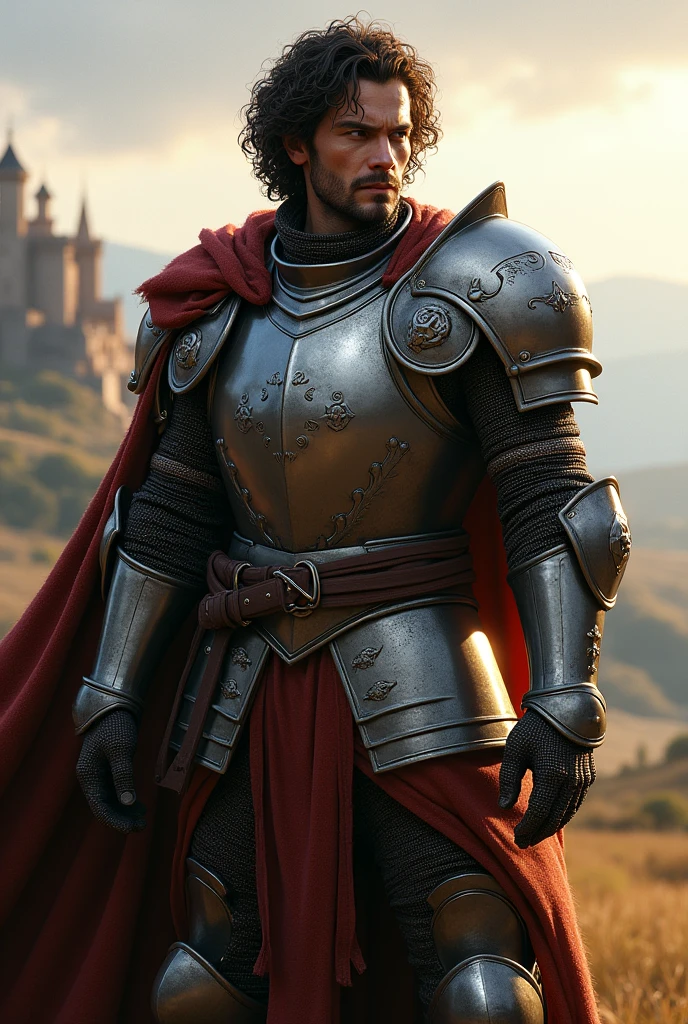 one with black curly hair, brown color and with knight's clothes