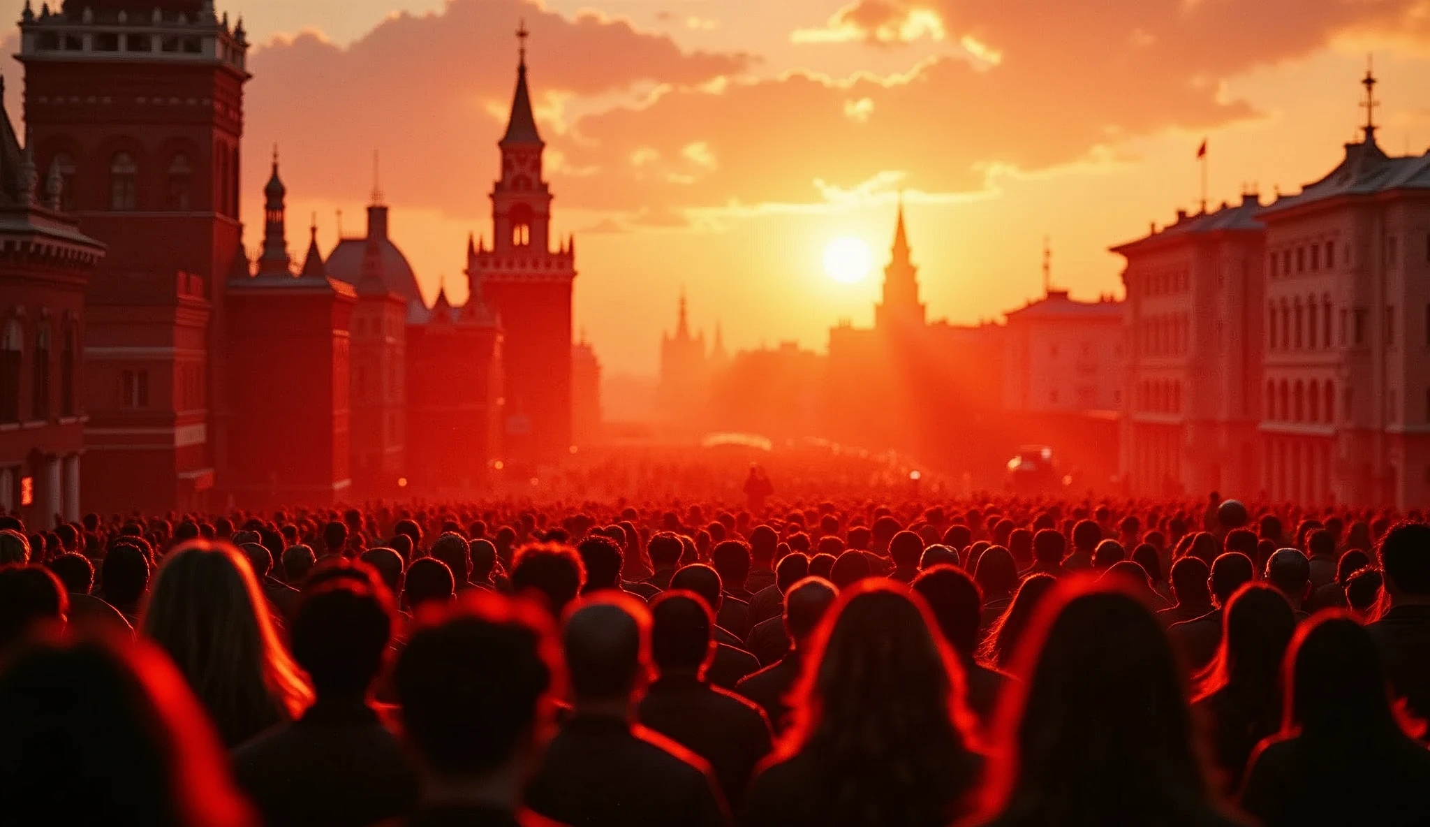 24K movie quality,cinematic compositions,finetextures,the sunset,red square moscow,In 1990,Red Army Choir,mass of people