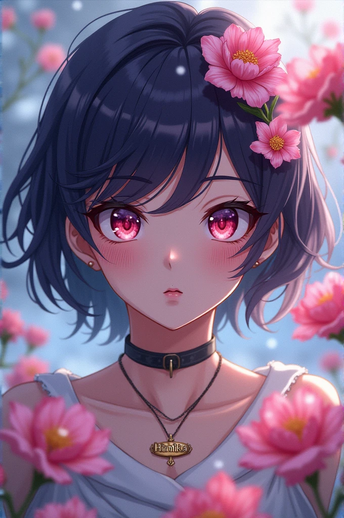 a girl from bnha who has dark purple hair, pink eyes, It's cold, has the gift of flowers, She has a necklace that says Himika