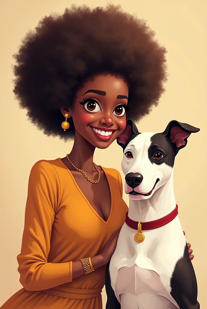 The image shows an old black woman with a voluminous afro and a warm smile on her face.. She looks up gently at the dog beside her., a Bull Terrier with white fur and dark spots. The lady is elegantly dressed and seems to convey a sense of serenity and confidence.. The dog, A sua volta, displays an alert and curious expression, appearing to be completely devoted to his mate. Arte digital cartoon
