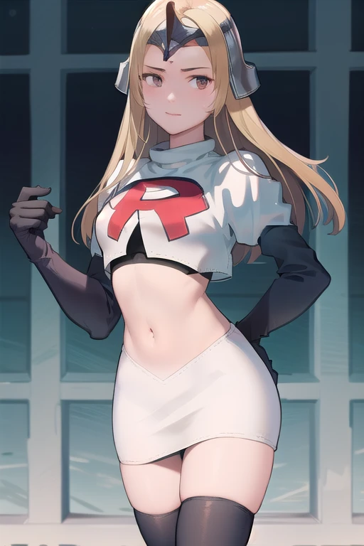 masterpiece, best quality, mathilda, helmet,  looking at viewer, team rocket,team rocket uniform,white skirt,red letter R,crop top,black thigh-highs,black elbow gloves