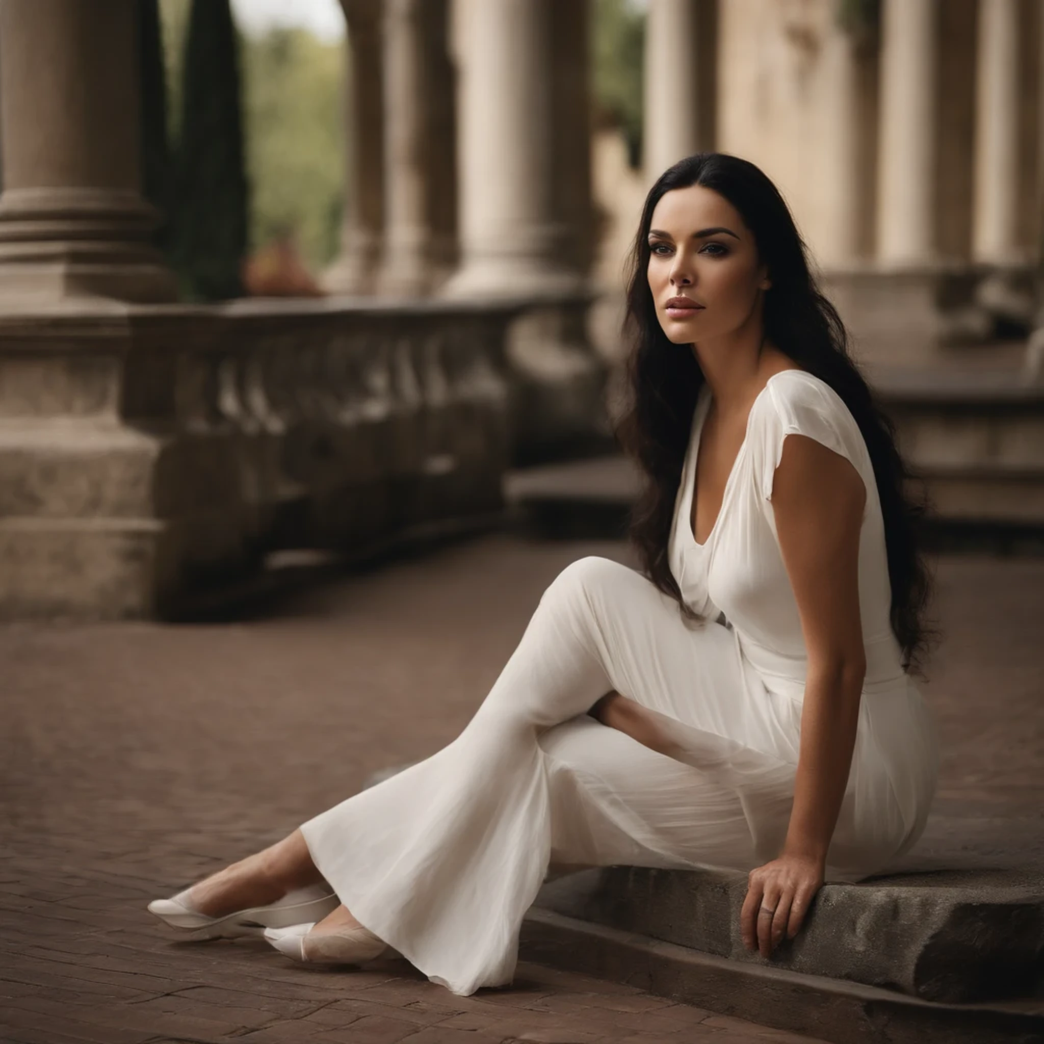 A woman with long straight black hair in a white top, photo of Monica Bellucci, attractive woman, sexy woman, long black hair, photo of a beautiful woman, straight black hair, very beautiful young woman, shaf hair, beautiful young woman, portrait of Vanessa Morgan, portrait A beautiful model, straight hairstyle, messy hair,
